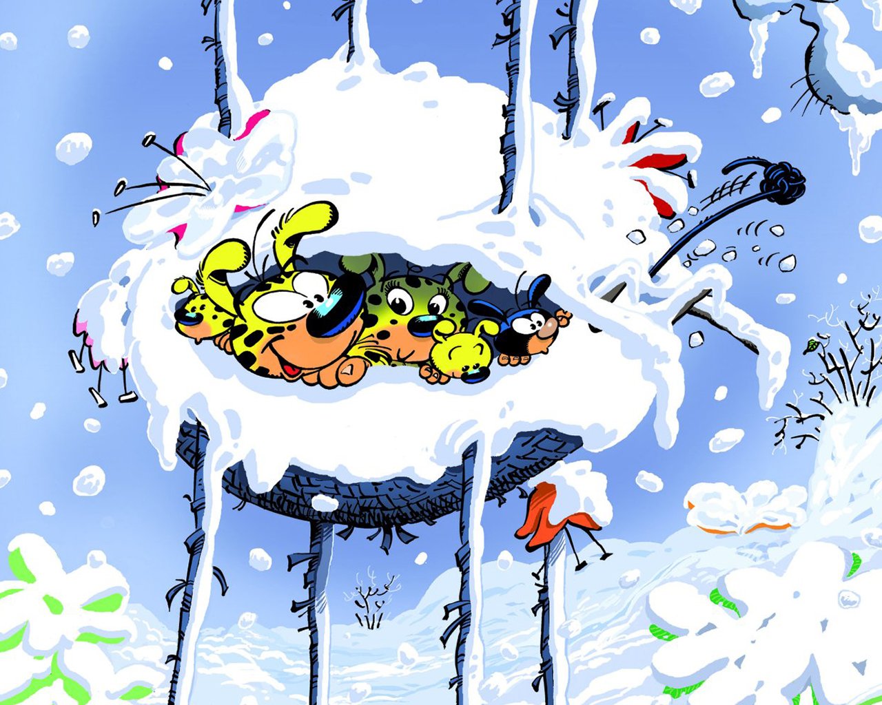 Comic illustration of Marsupilami and friends playfully peeking out from a snowy nest high in the winter forest.