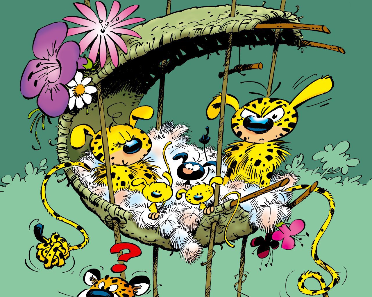 A colorful comic scene featuring Marsupilami and its playful offspring relaxing in a cozy nest adorned with flowers, set against a vibrant green backdrop.