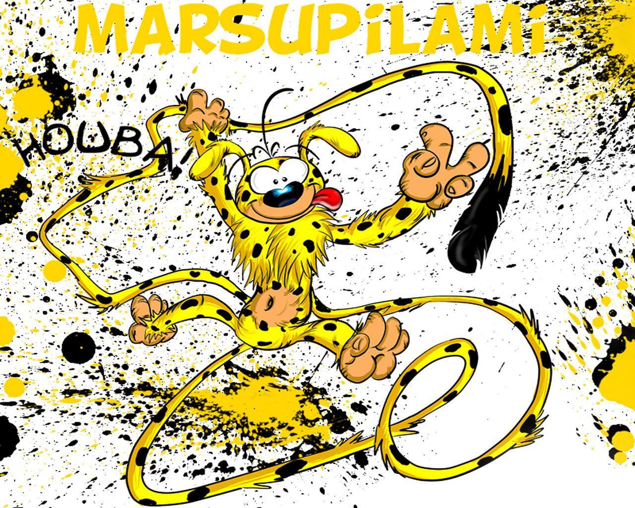 A vibrant comic illustration of Marsupilami, a yellow, spotted character joyfully leaping with a tail, surrounded by energetic splashes of black and yellow paint. The text HOUBA! features prominently.