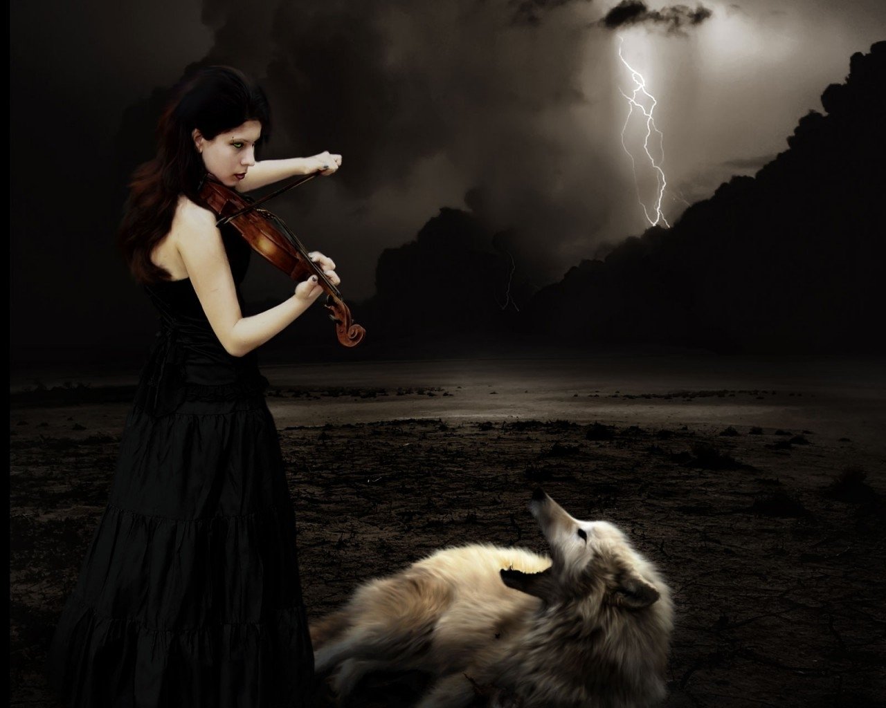 A gothic scene of a woman in a dark dress playing violin under stormy skies with lightning, as a wolf lies on the ground watching her intently.