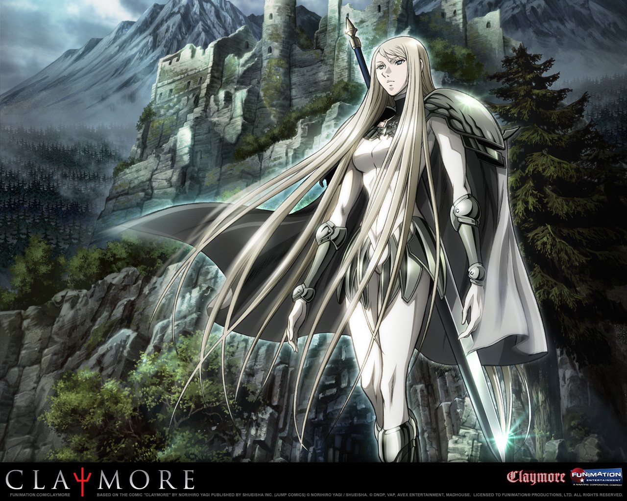 A female warrior from the anime Claymore stands confidently in front of a ruined castle, surrounded by lush forests and mountains, holding her sword ready for battle.