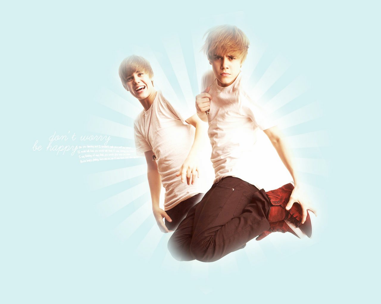 A vibrant illustration featuring Justin Bieber energetically jumping, with a bright blue background and rays of light, capturing the essence of his music and youthful spirit.