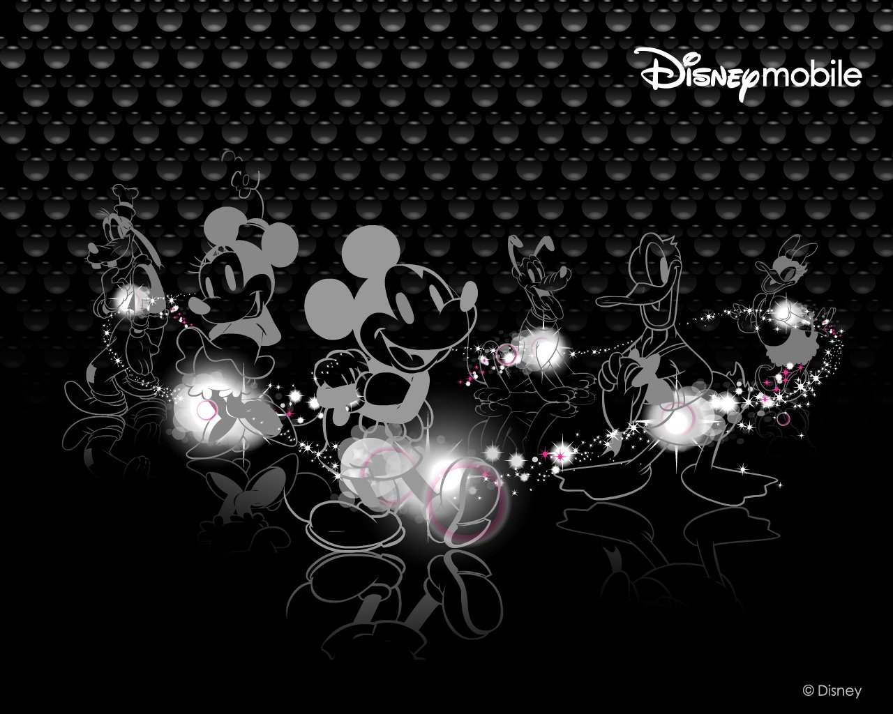 A stylish graphic featuring iconic Disney characters, including Mickey Mouse and Donald Duck, set against a sleek black background with sparkling accents.