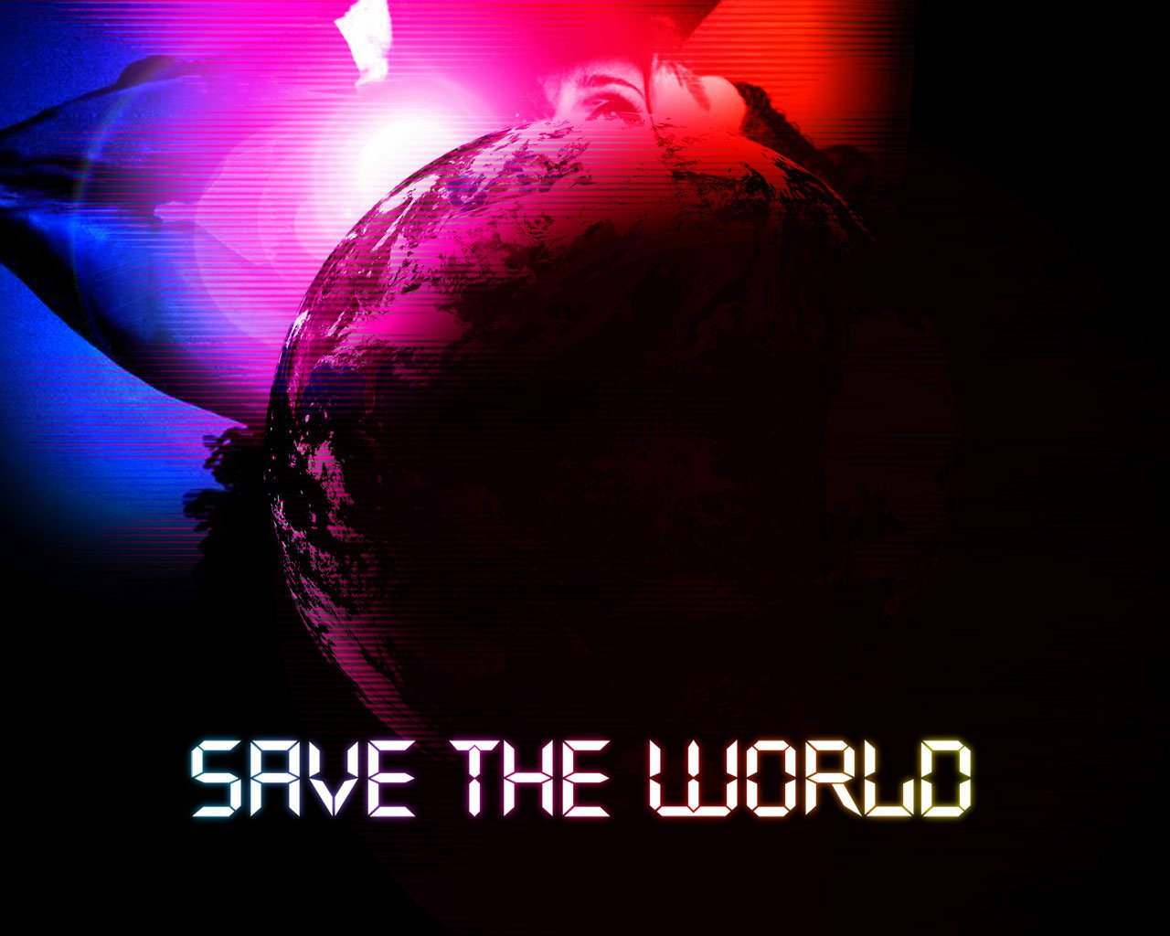 Glowing globe with vibrant blue and red lighting above the text Save The World, connected to music and Madonna themes.