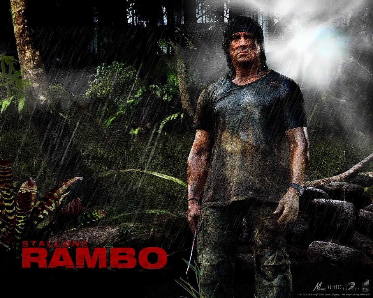 A rugged figure stands in a rain-soaked jungle, holding a knife, embodying the intense spirit of the movie Rambo, with a bold red title displayed prominently.