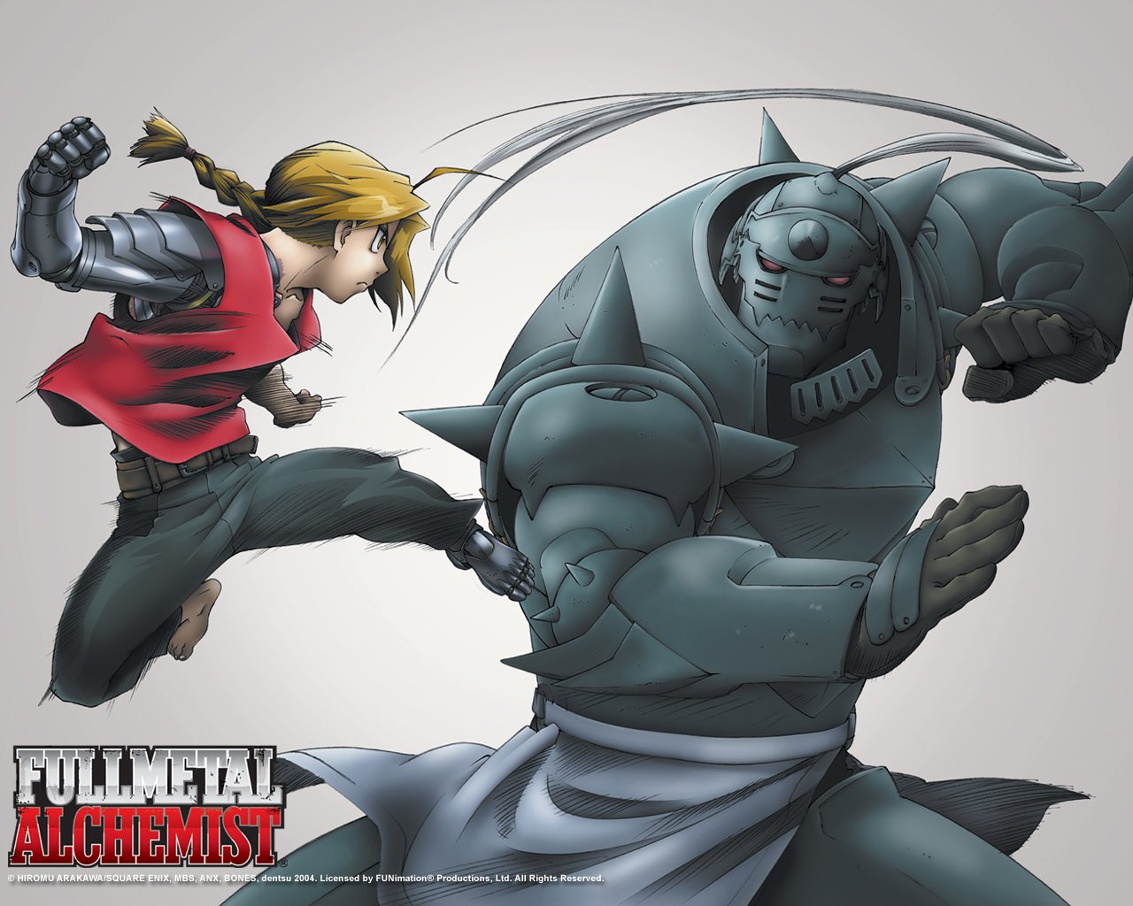 Alphonse Elric and Edward Elric from the anime Fullmetal Alchemist are depicted in an action scene, showcasing their bond and dynamic combat style.