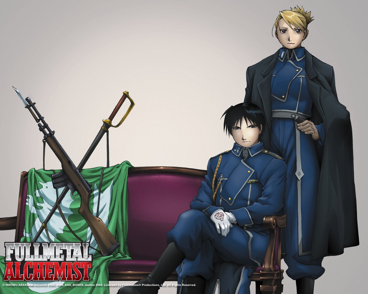 Riza Hawkeye and Roy Mustang, characters from the anime Fullmetal Alchemist, stand confidently in military attire, highlighting their strong partnership and roles.