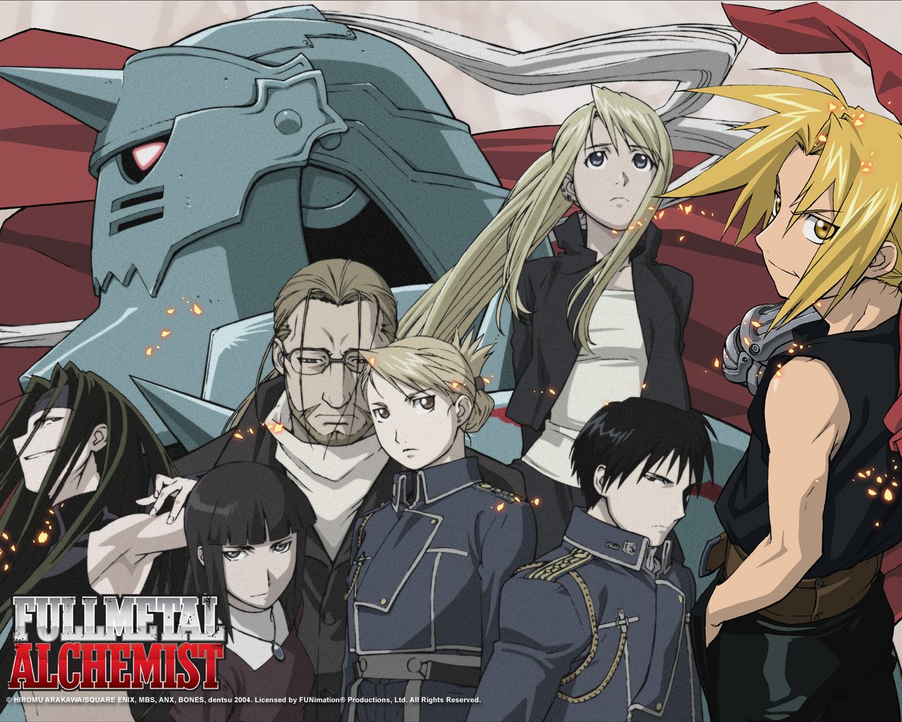 A dynamic scene from *Fullmetal Alchemist* featuring key characters: Edward Elric, Alphonse Elric, Roy Mustang, Riza Hawkeye, Winry Rockbell, Van Hohenheim, and Envy.