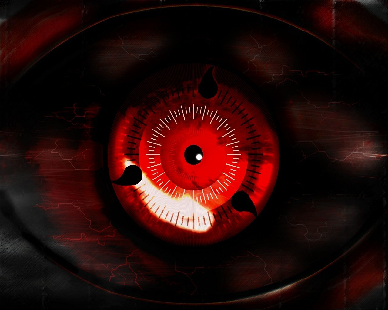 Close-up of a striking red eye with intricate details, evoking themes from the Naruto anime series, showcasing its intense and mystical aura.