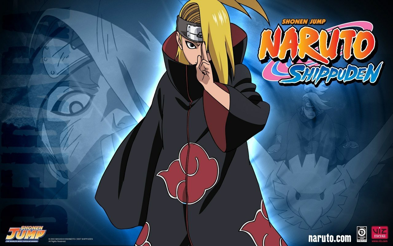 Anime-style image from Naruto Shippuden featuring Deidara in Akatsuki cloak with the series logo prominently displayed.