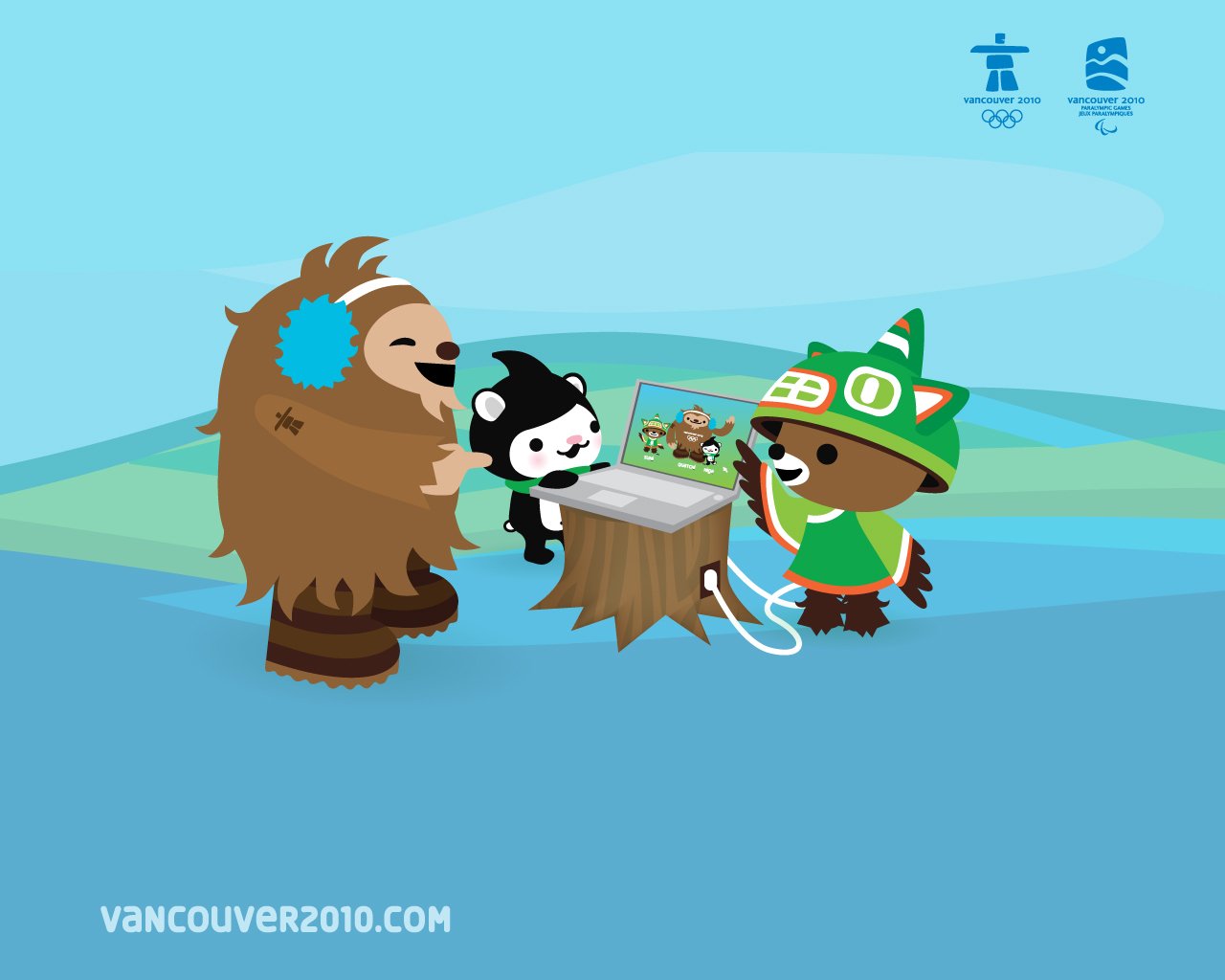Cartoon mascots from the 2010 Winter Olympics in Vancouver playing a tabletop game, set against a blue background with event logos.