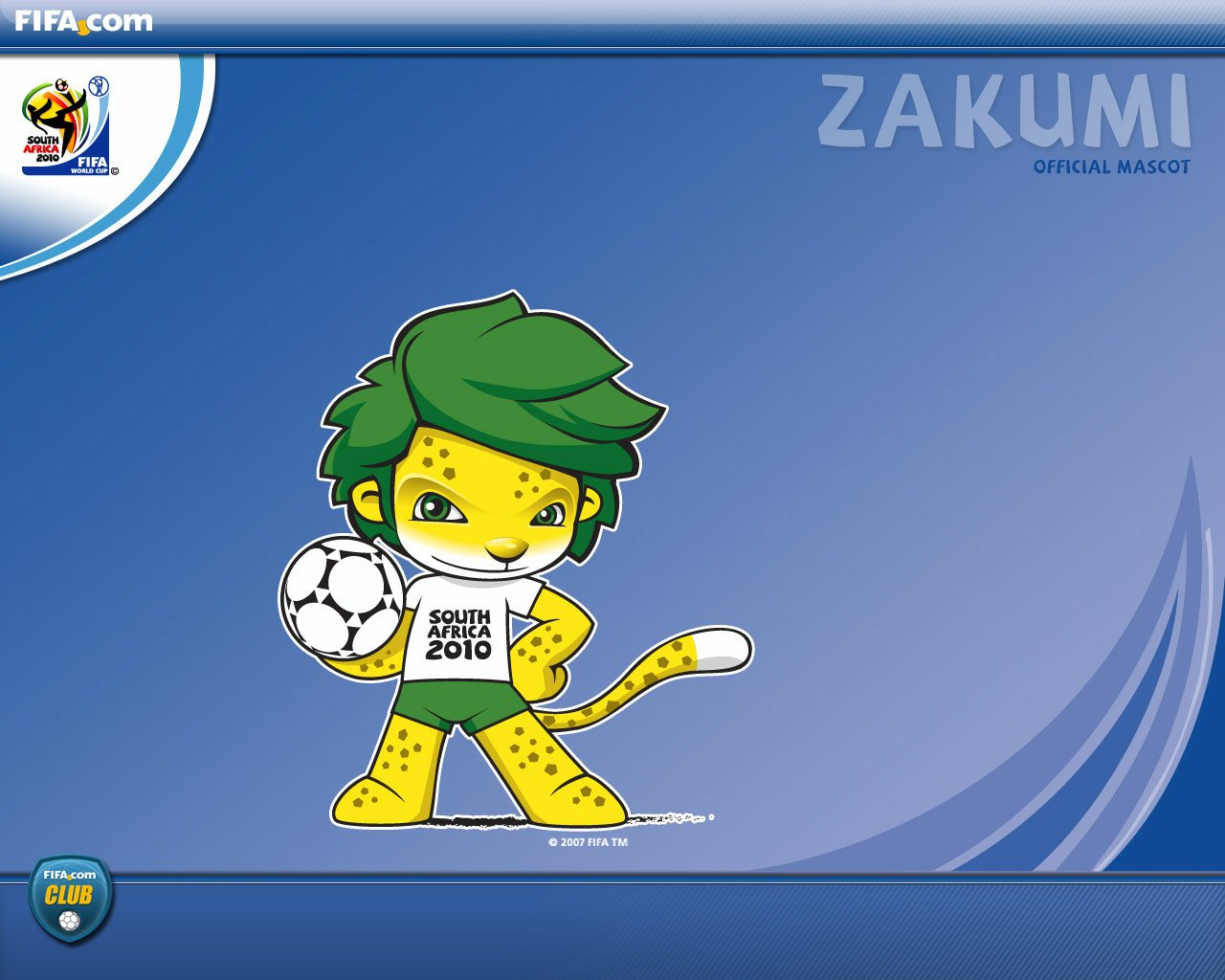 Zakumi, the green-haired cheetah sports mascot for the FIFA World Cup South Africa 2010, holding a soccer ball on a blue background.