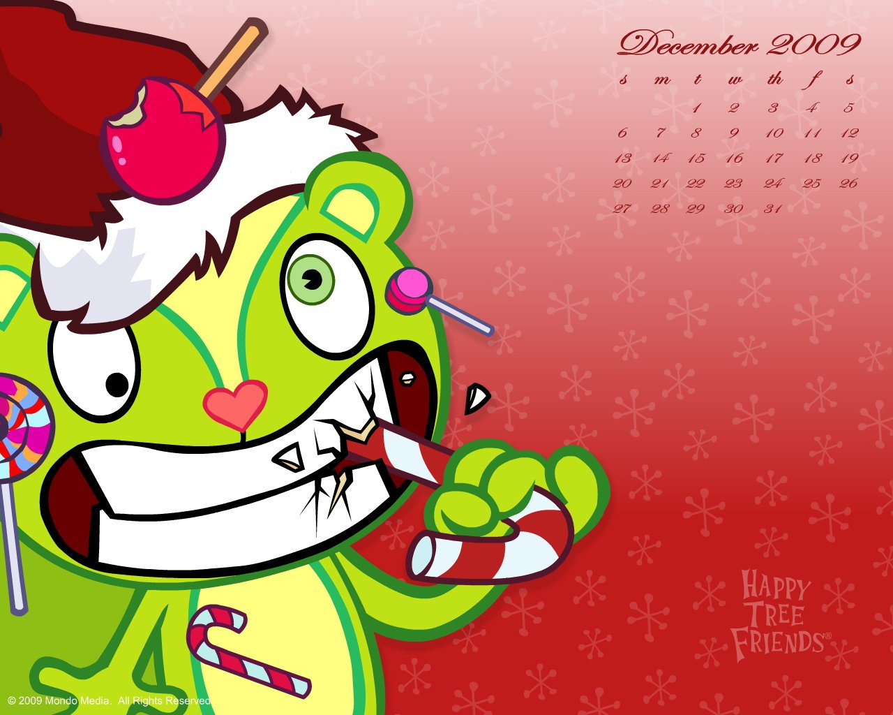 Screenshot from the TV show Happy Tree Friends featuring a green character wearing a Santa hat and biting a candy cane, with a December 2009 calendar in the background.