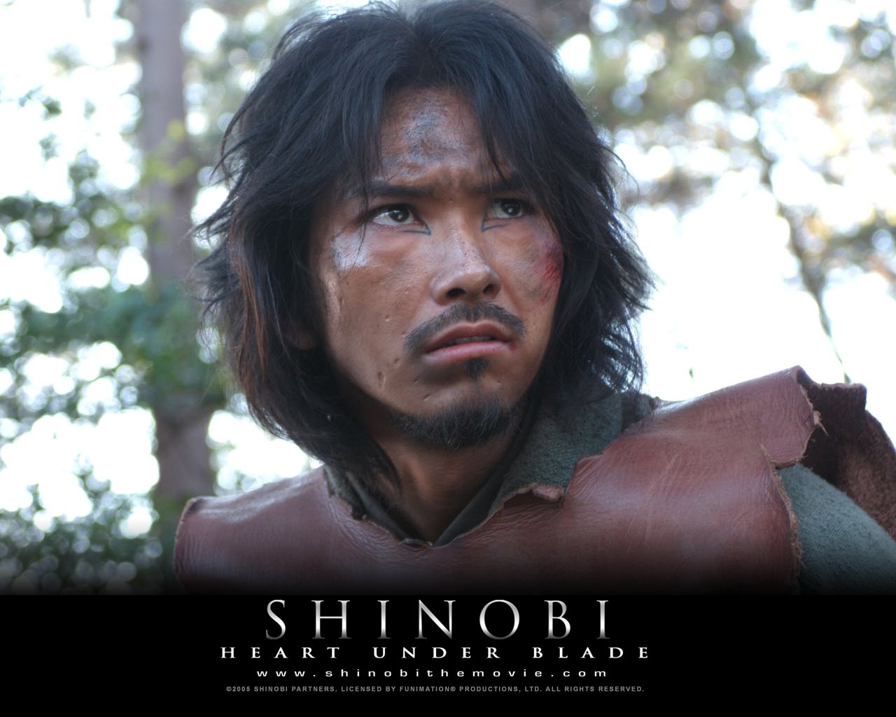 Close-up of a warrior with a determined expression from the movie Shinobi: Heart Under Blade, set against a blurred natural background.