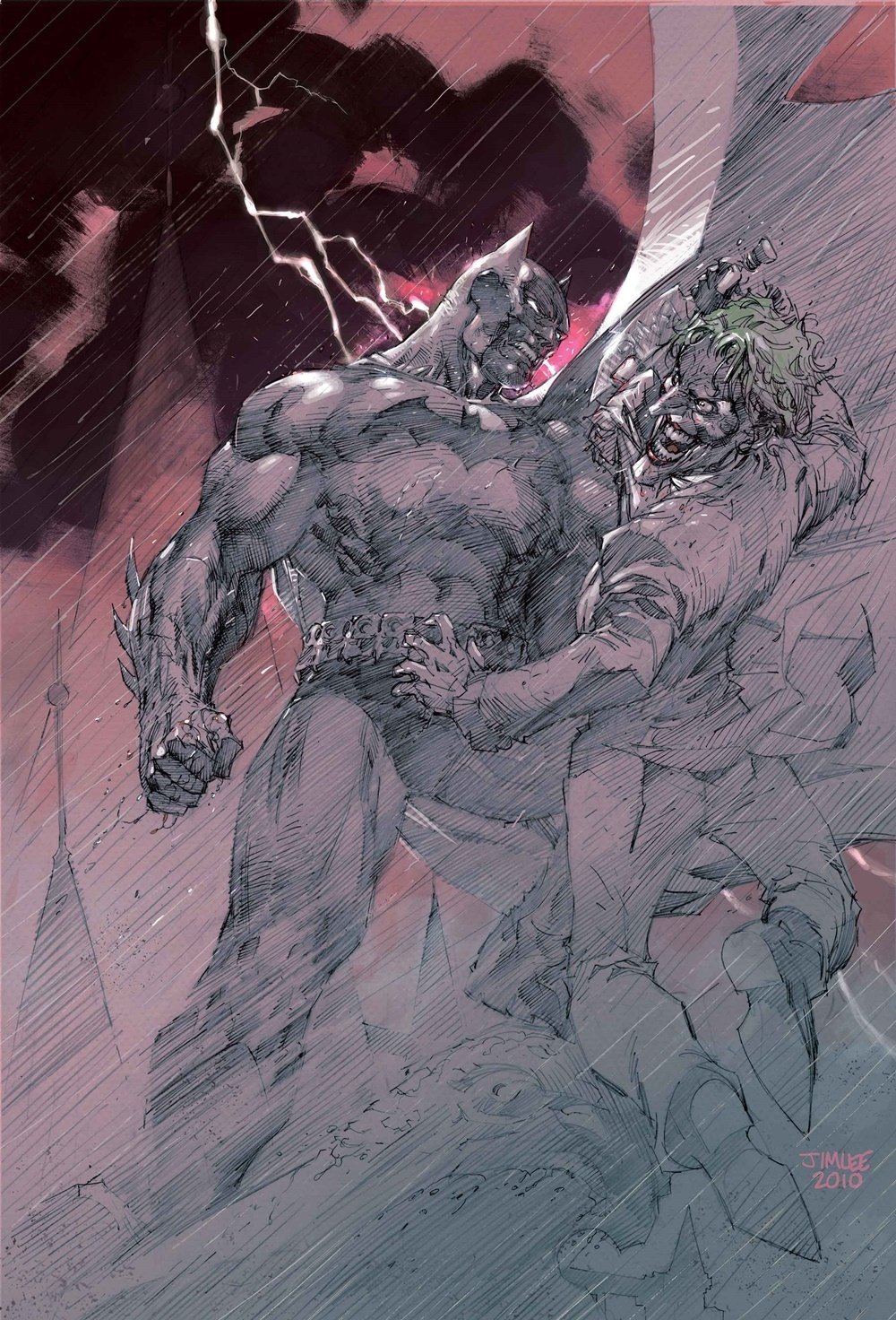 Comic art by Jim Lee depicts Batman gripping the Joker fiercely amid a stormy, lightning-lit night, capturing the intense rivalry between the iconic characters.