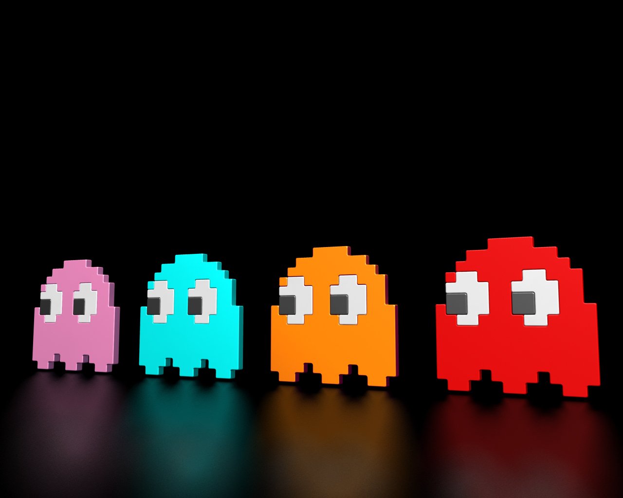 Four colorful pixelated ghosts from the classic video game Pac-Man, standing side by side against a black background with their reflections visible below.