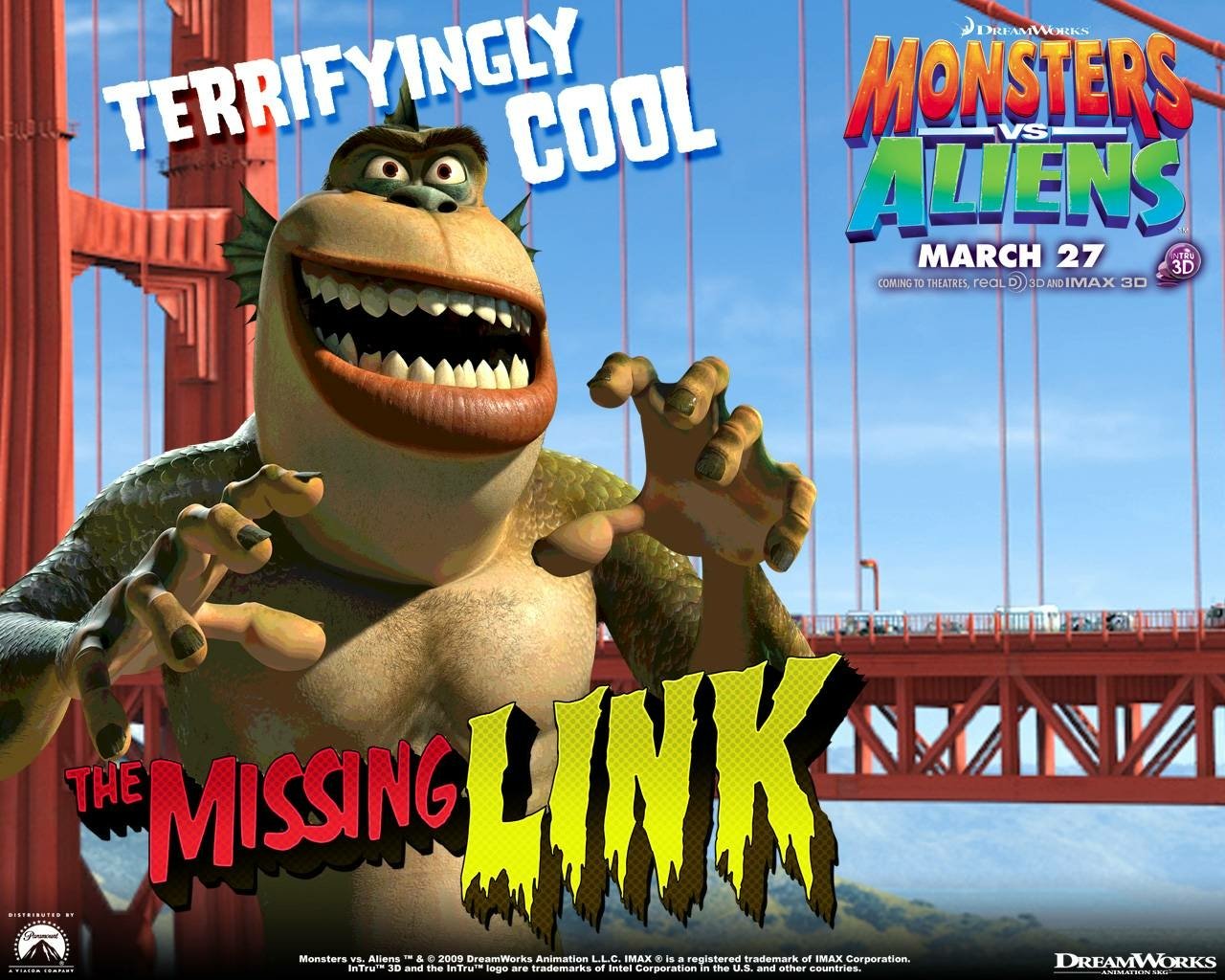 Monsters vs. Aliens: The Missing Link poster — grinning, ape-like monster on the Golden Gate Bridge beneath the slogan Terrifyingly Cool.