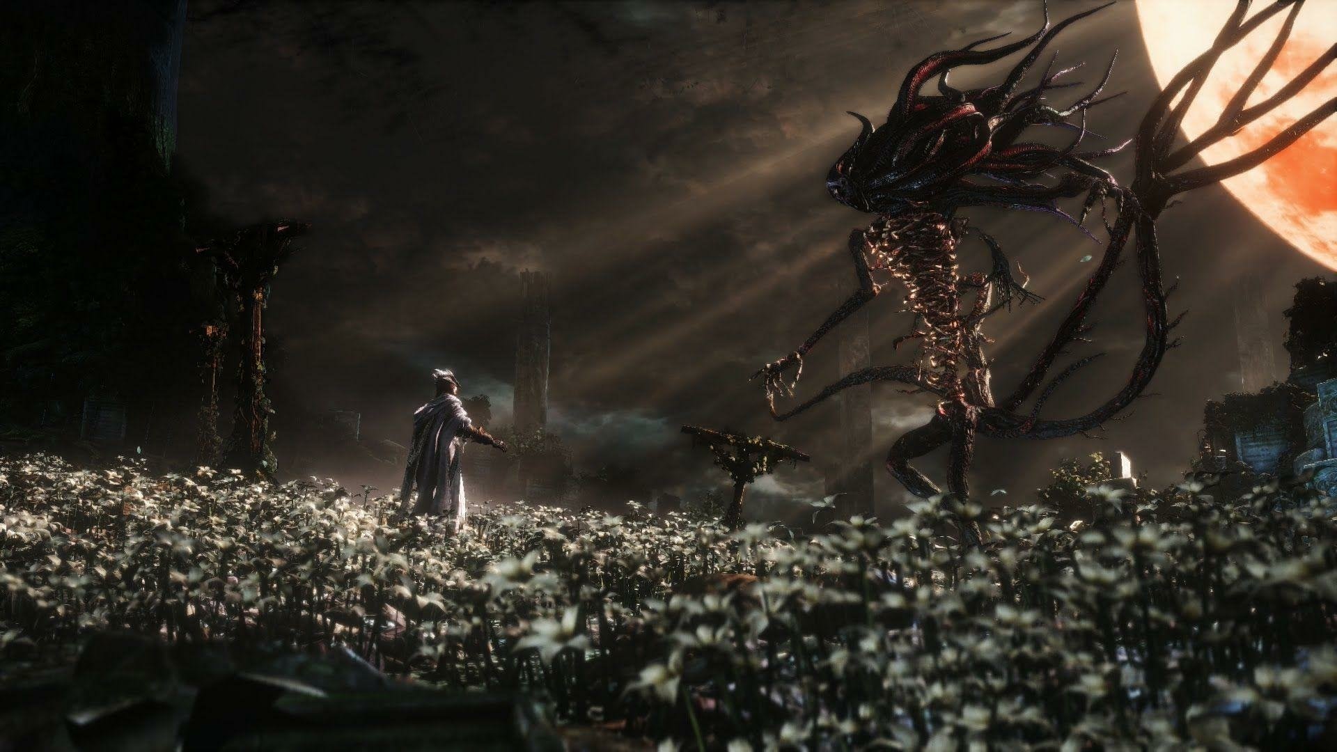 Bloodborne video game scene: lone hunter in a moonlit field of white flowers confronts a towering, tentacled grotesque monster beneath a blood-red moon.