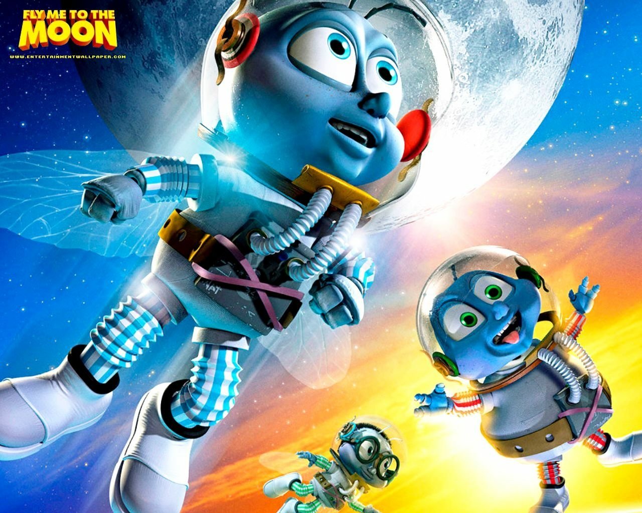 Animated characters in astronaut suits float joyfully in space with the moon in the background, promoting the movie Fly Me to the Moon.