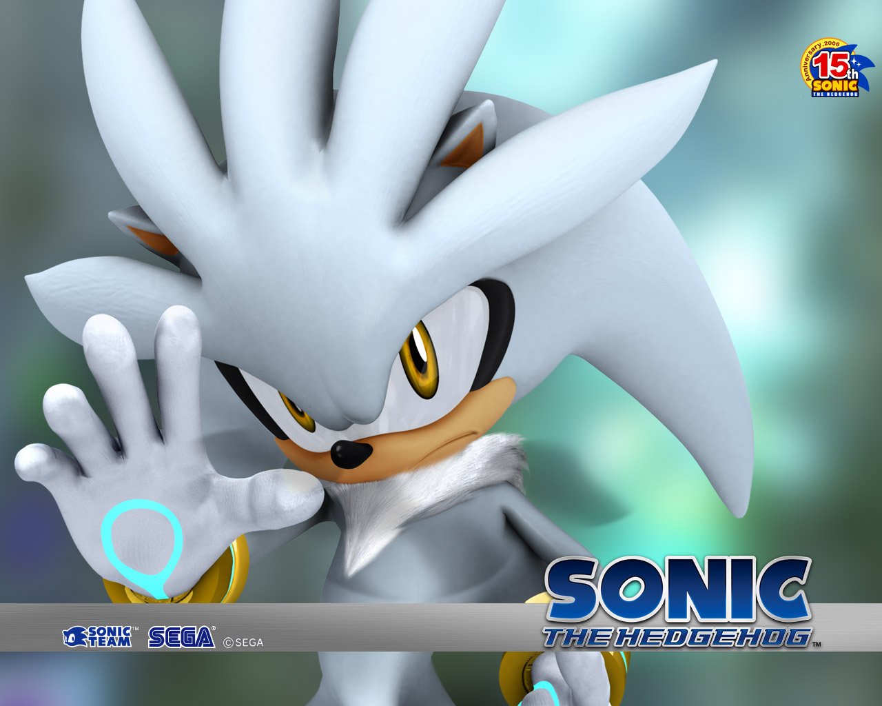 Silver the Hedgehog, from the video game Sonic the Hedgehog (2006), strikes a dynamic pose, showcasing his distinctive silver quills and blue accents against a vibrant background.