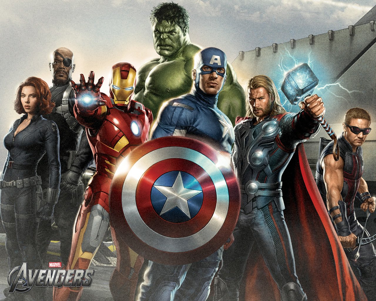 The Avengers team including Iron Man, Captain America, Thor, Hulk, Black Widow, Hawkeye, Nick Fury, and Clint Barton stands united in this iconic Marvel movie poster.
