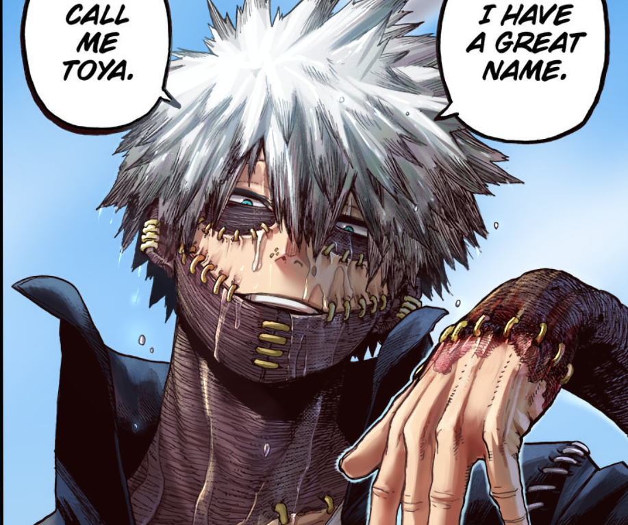 Dabi from My Hero Academia, an anime character with white hair, stitched scars on his face and hand, saying Call me Toya and I have a great name.