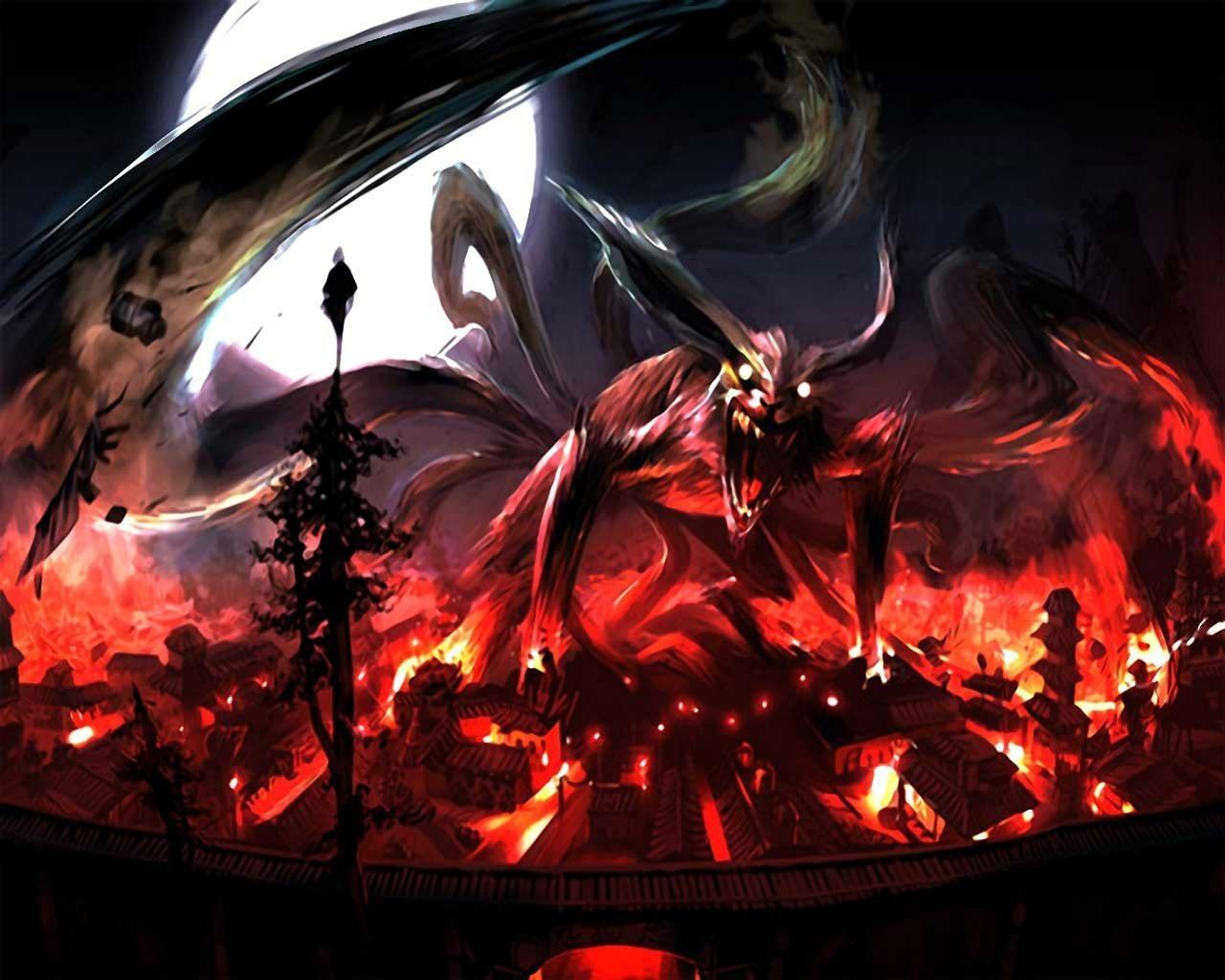 A dramatic scene from the anime Naruto, featuring a large, menacing creature towering over a burning village under a full moon, surrounded by dark, chaotic energy.