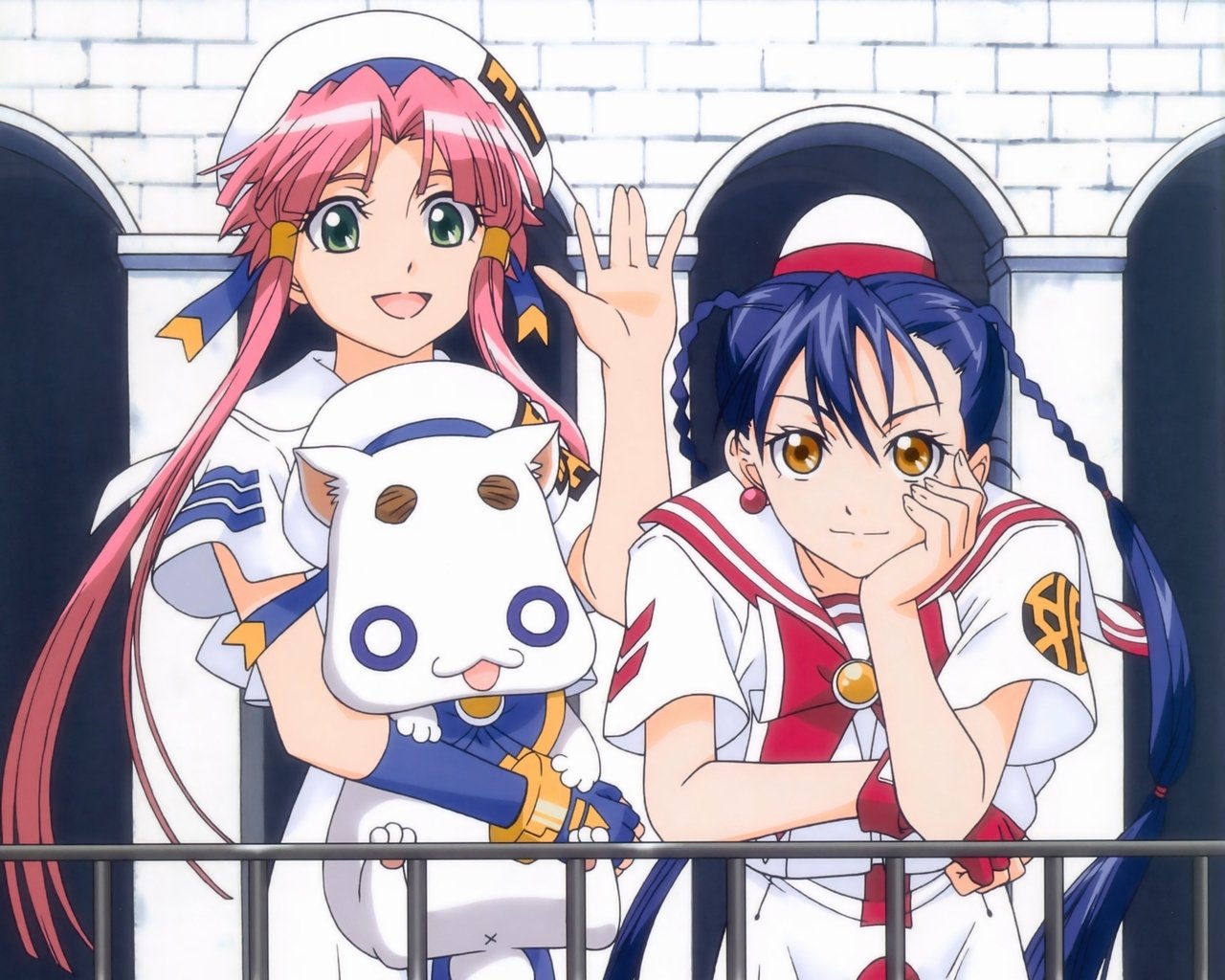 Aria anime scene: two girls in white sailor-style uniforms on a balcony — pink-haired girl holds a small white mascot dog, blue-haired girl leans on the railing smiling.