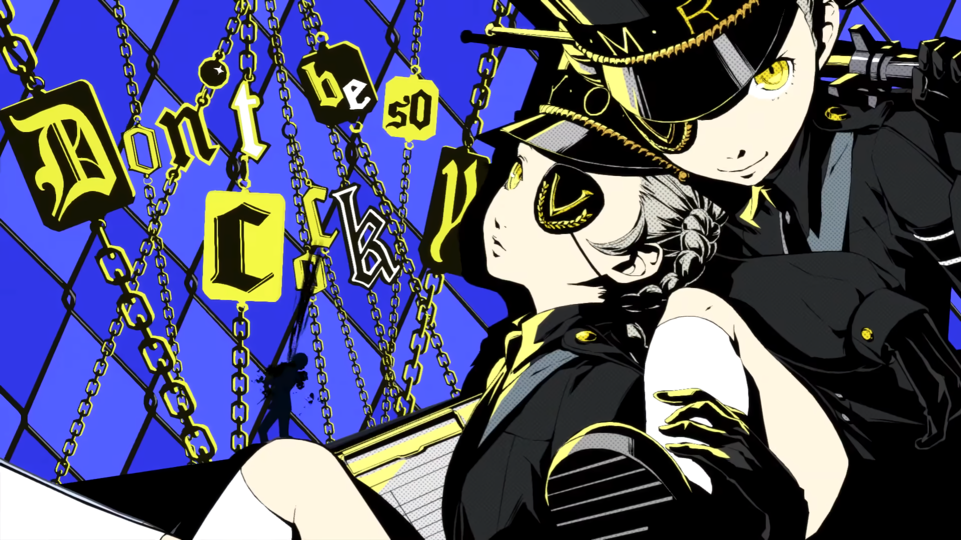 Stylized artwork from the video game Persona 5 features two characters against a blue background with chains and bold yellow text reading Don't be so cocky.