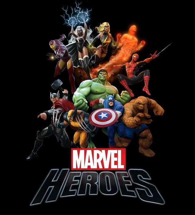 Promotional art for the Marvel Heroes video game featuring Iron Man, Spider-Man, Wolverine, Captain America, Thor, Hulk and the Thing assembled above the Marvel Heroes logo.