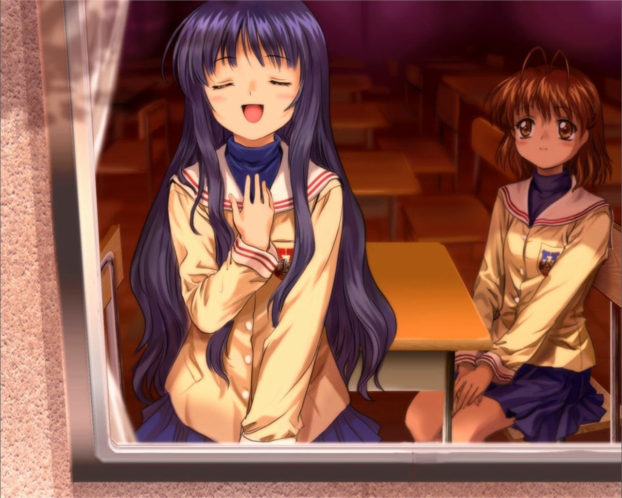 Rie Nishina and Nagisa Furukawa from the anime Clannad share a moment inside a classroom, with Rie smiling warmly and Nagisa sitting quietly nearby.