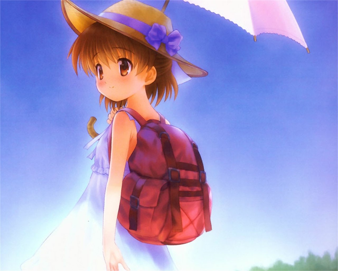 Ushio Okazaki from Clannad (anime): a young girl in a sun hat, carrying a red backpack and pink umbrella, gazing toward a bright blue sky.
