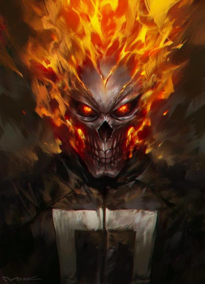 Comic-style illustration of Ghost Rider featuring a flaming skull with fiery eyes against a dark background.