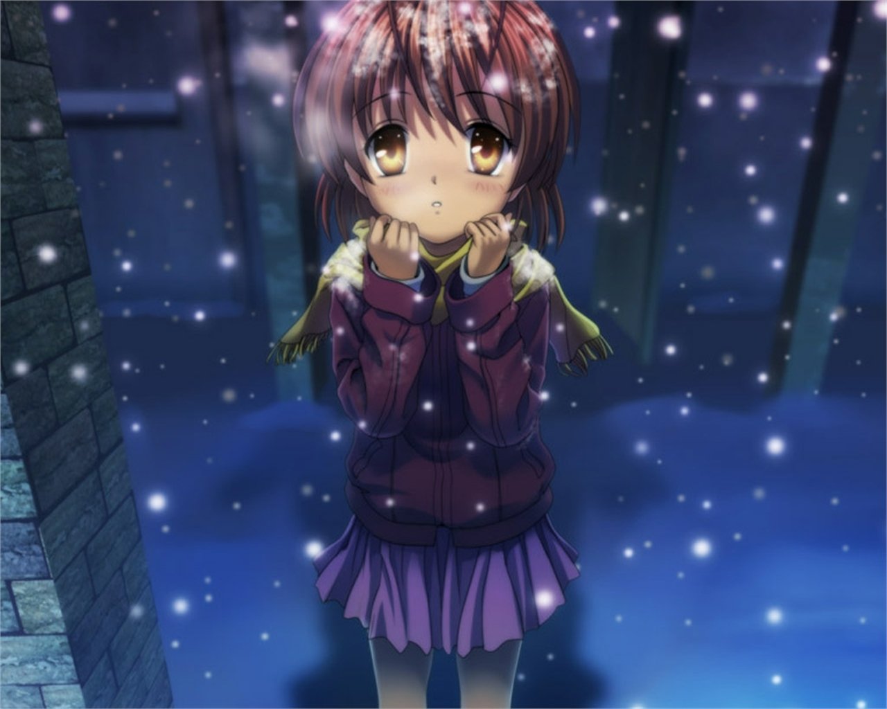 Nagisa Furukawa from Clannad standing in falling snow at night, wearing a purple coat and skirt, hands near her face, looking up with a wistful expression.