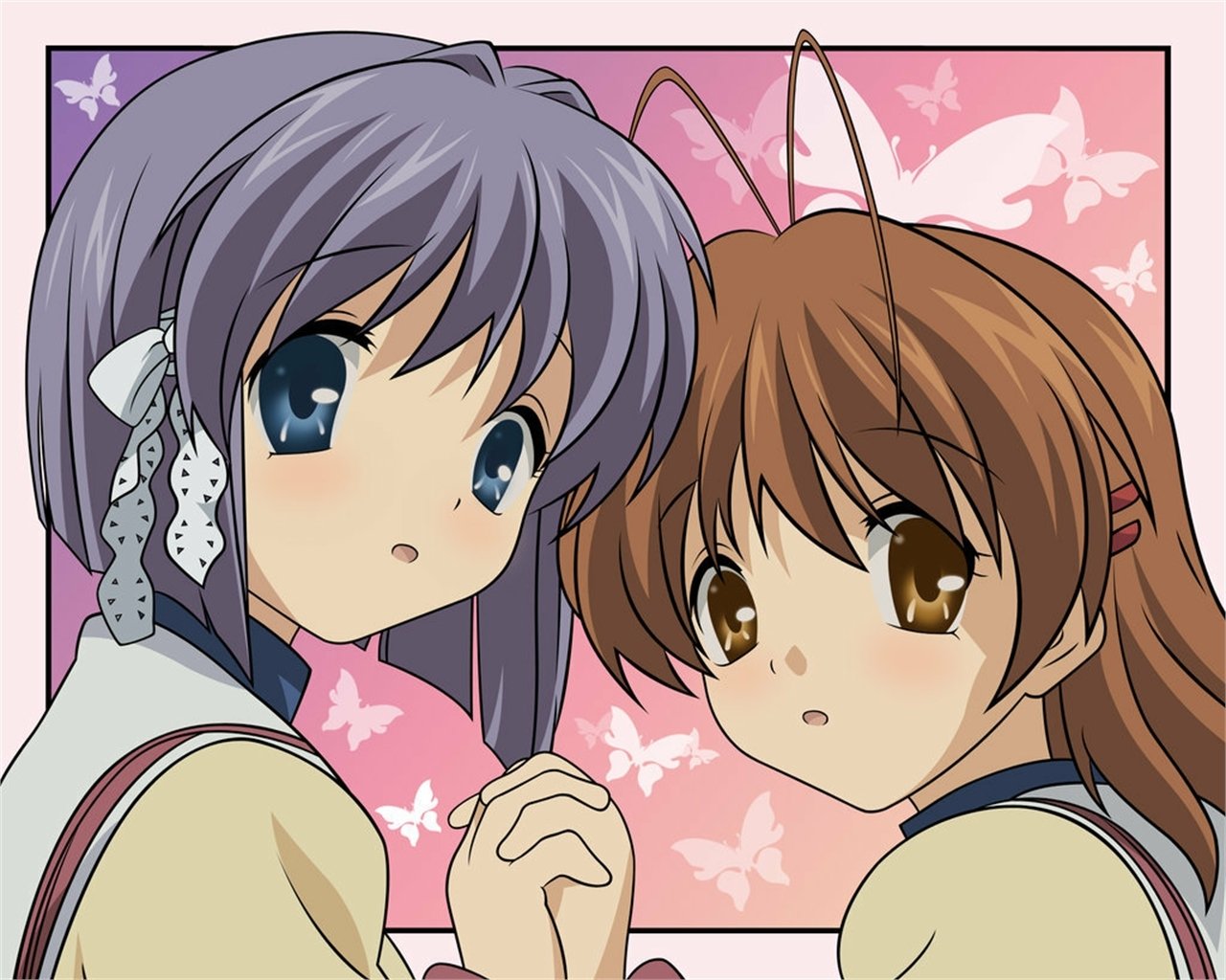 Nagisa Furukawa and Ryou Fujibayashi (Clannad) anime-style, holding hands and gazing at the viewer against a pink, butterfly-patterned background.