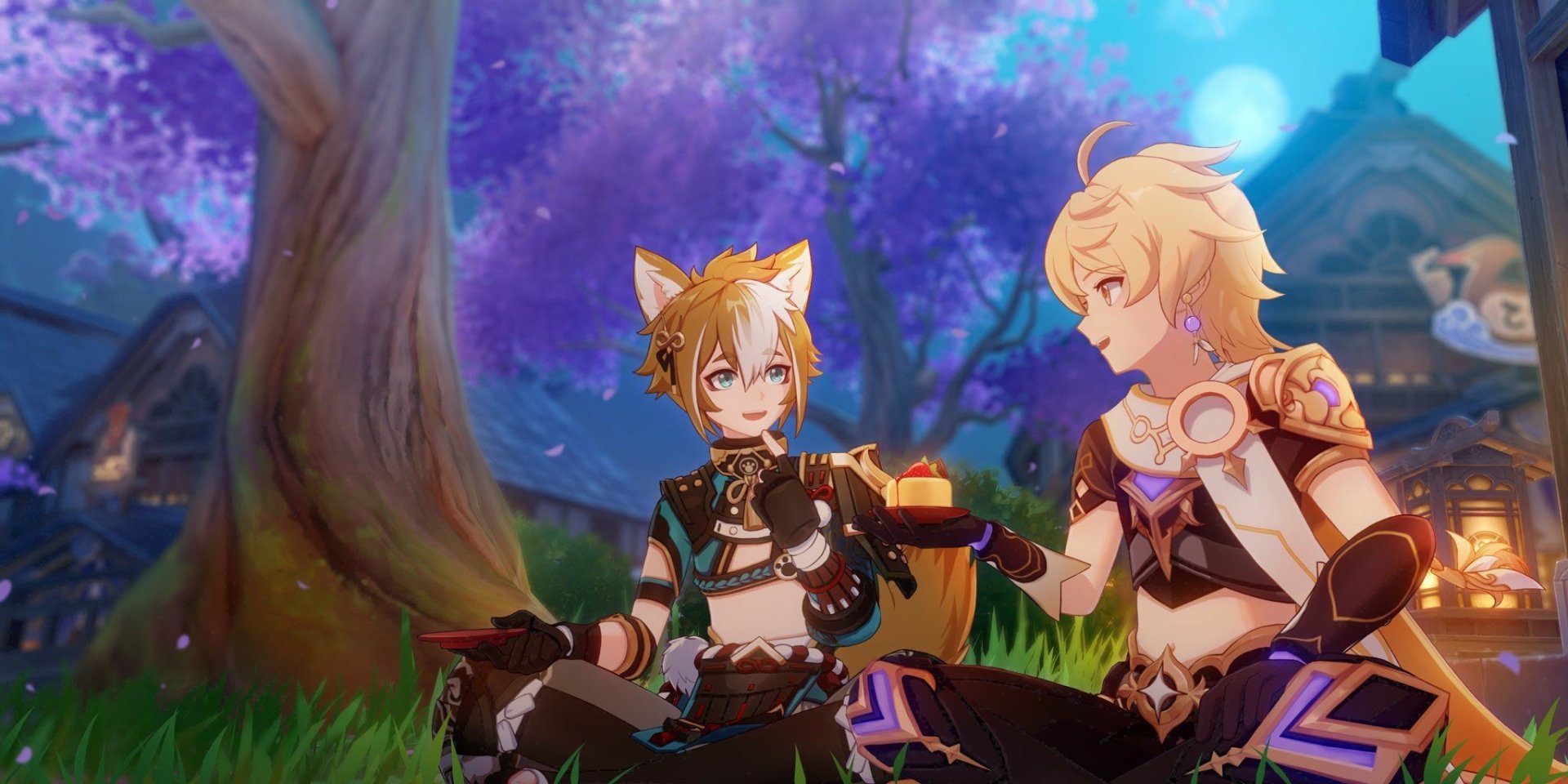 Gorou and Aether from the video game Genshin Impact sit on grass beneath glowing purple trees, smiling and sharing a quiet meal in a cozy nighttime scene.