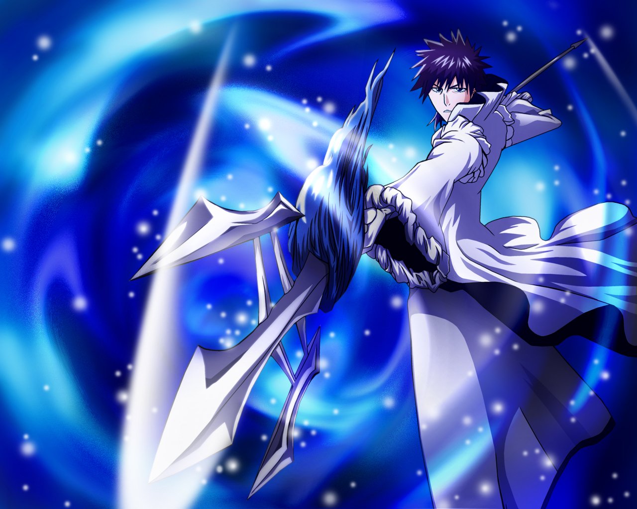 Kaien Shiba from the anime Bleach wields a unique weapon, set against a swirling blue background dotted with stars, embodying a dynamic and powerful stance.