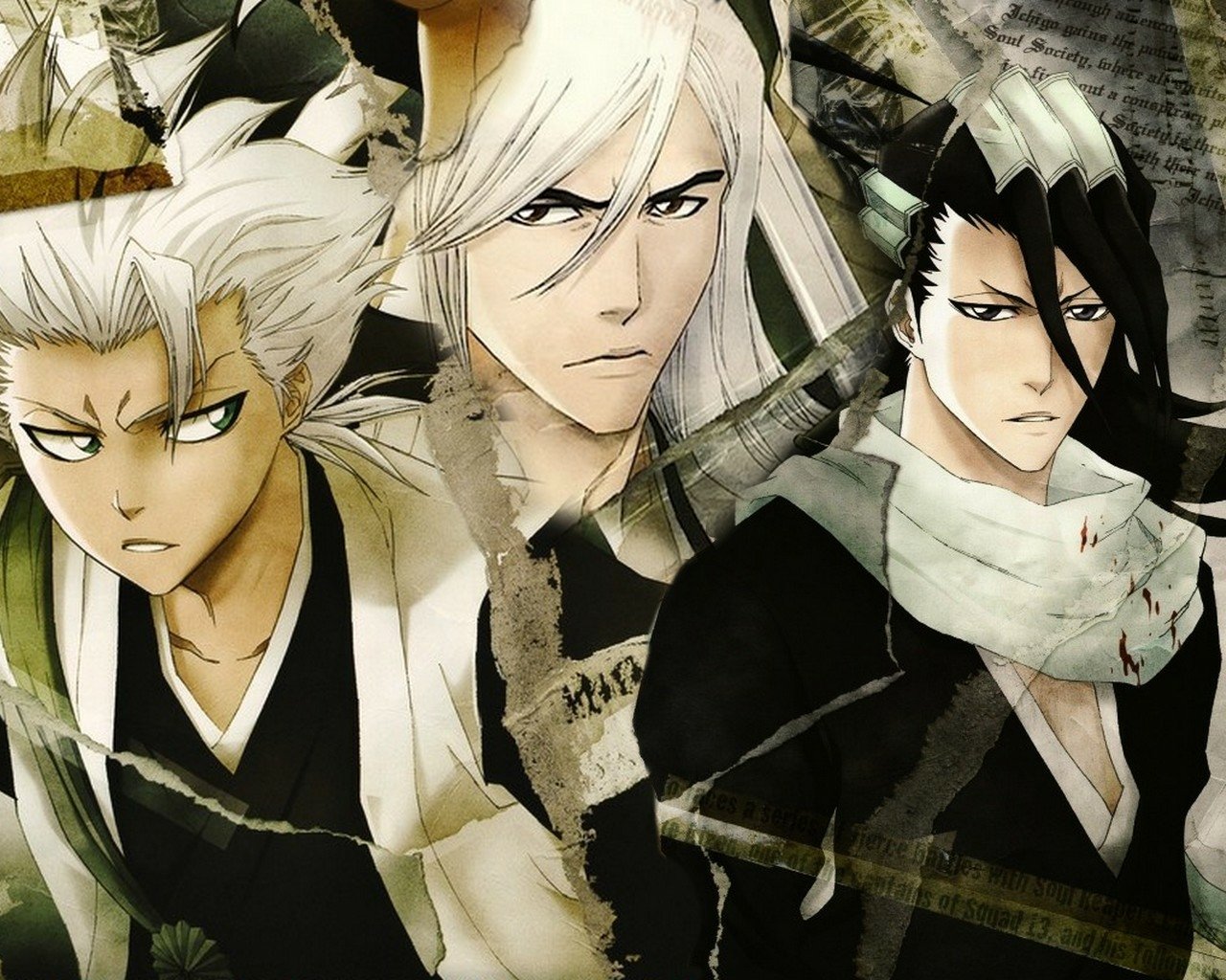 Byakuya Kuchiki, Tōshirō Hitsugaya, and Jūshirō Ukitake from the anime Bleach stand together, each with intense expressions and distinctive white-haired looks.