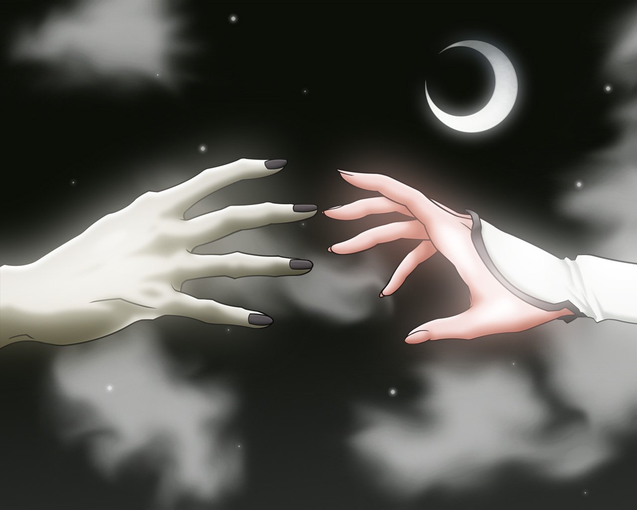 A touching scene from the anime Bleach, featuring Orihime Inoue and Ulquiorra Cifer, showcasing their hands reaching out to each other under a crescent moon.