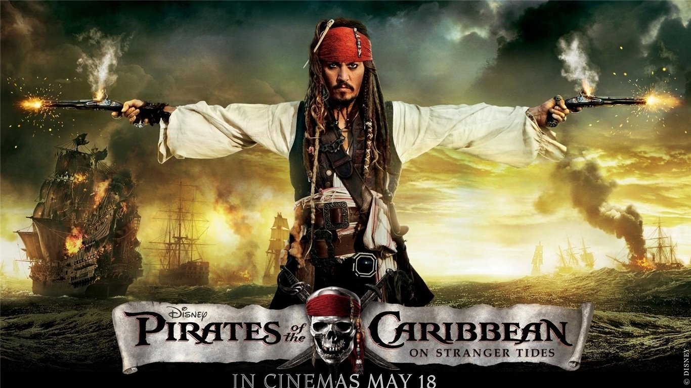 Captain Jack Sparrow stands with arms outstretched holding pistols, ships battle in the background in this Pirates of the Caribbean movie poster.
