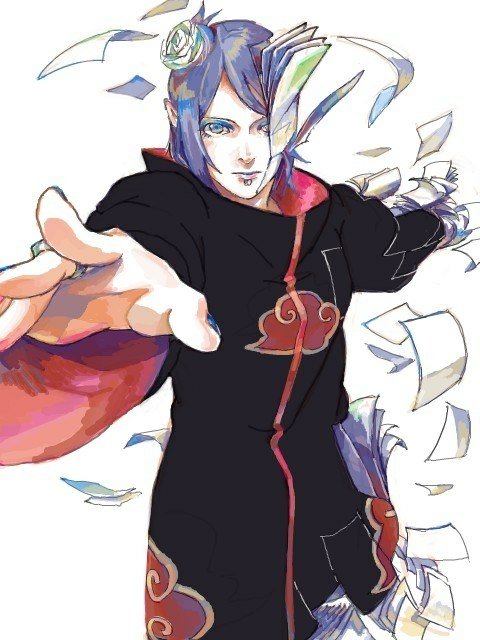Anime-style illustration of a Naruto character with blue hair, wearing an Akatsuki cloak, extending a hand as paper sheets swirl around.