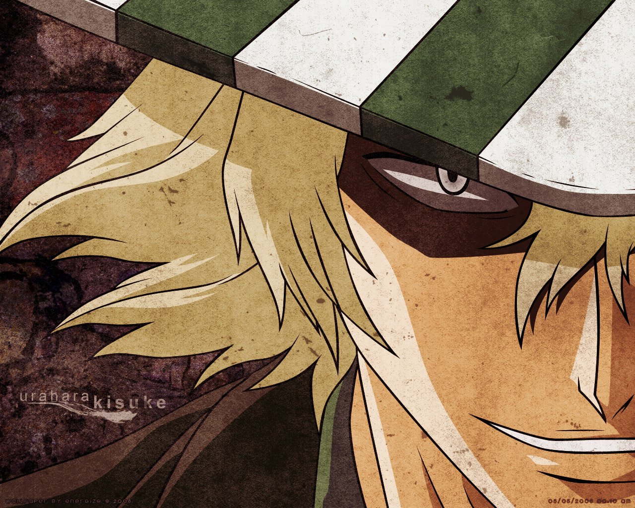 A close-up of Kisuke Urahara from the anime Bleach, showcasing his distinctive hat and confident expression against a textured background.