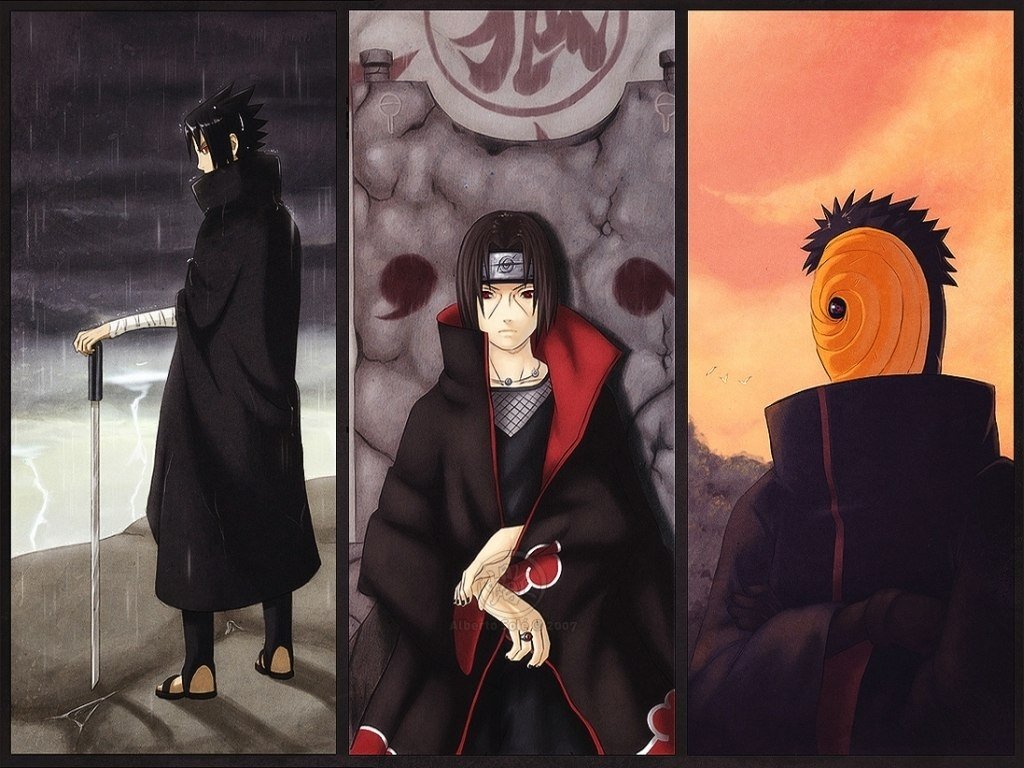 A dramatic collage featuring three characters from the anime Naruto, showcasing unique poses and attire, with a focus on their distinct personalities and atmospheric backgrounds.