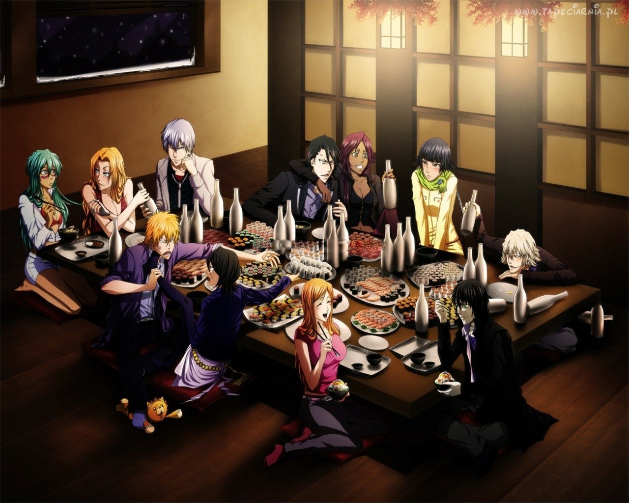 Bleach characters Rangiku, Nelliel, Gin Ichimaru, Byakuya Kuchiki, Yoruichi, Soifon, Kisuke Urahara, Ulquiorra, Orihime Inoue, Rukia Kuchiki and Ichigo Kurosaki share a warmly lit feast.