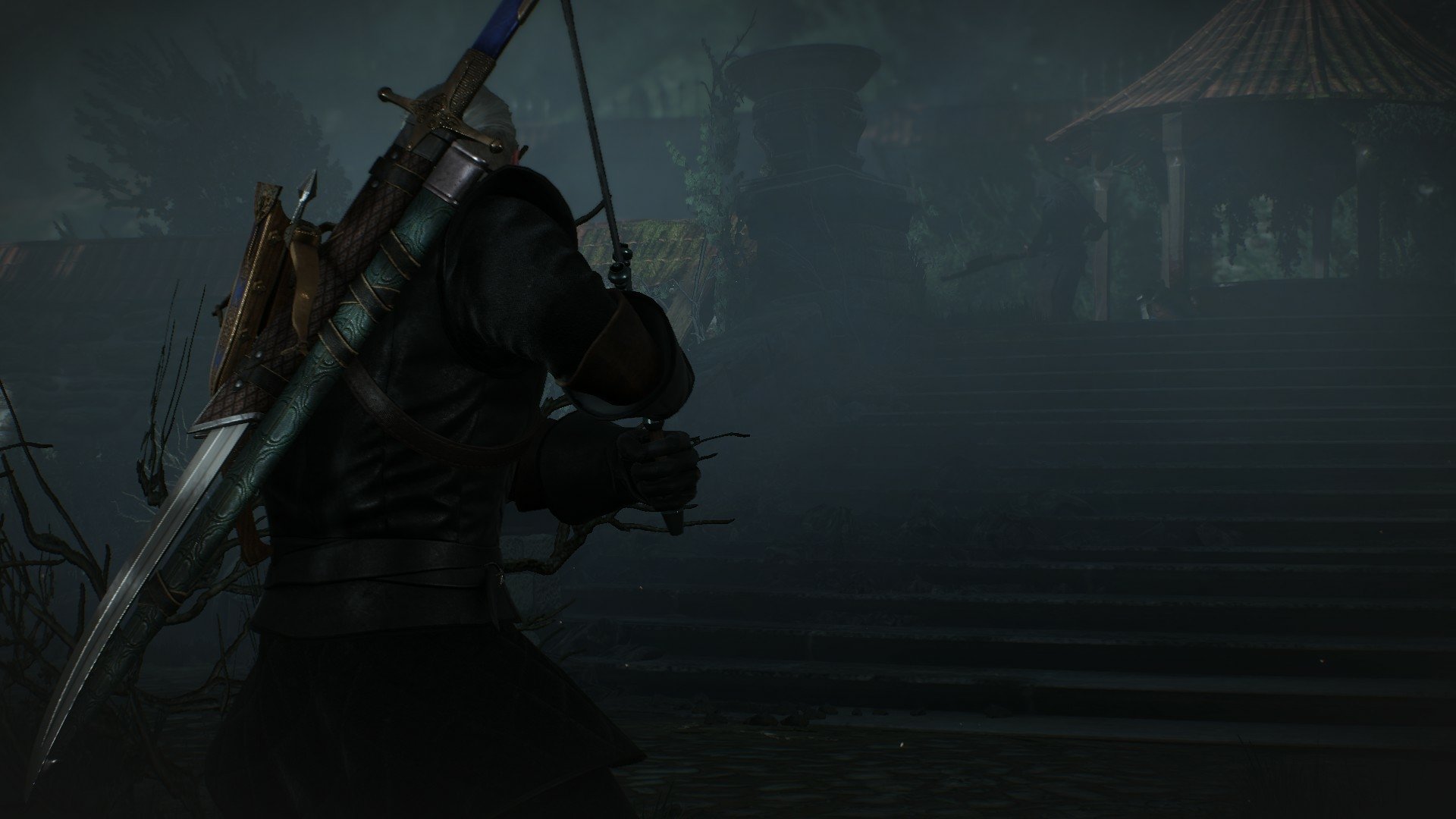 Geralt of Rivia from The Witcher 3: Wild Hunt stands in a misty night, swords on his back, facing shadowy steps and lantern-lit buildings.