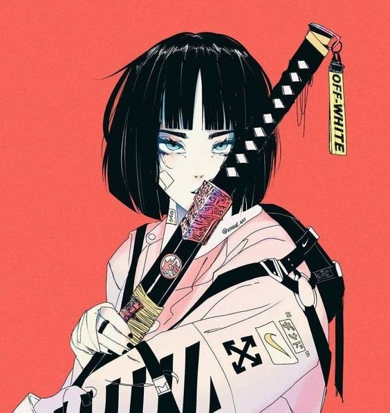 Cyberpunk samurai girl with blunt black bob and icy blue eyes, gripping a neon-accented katana with an Off-White tag against a coral backdrop.