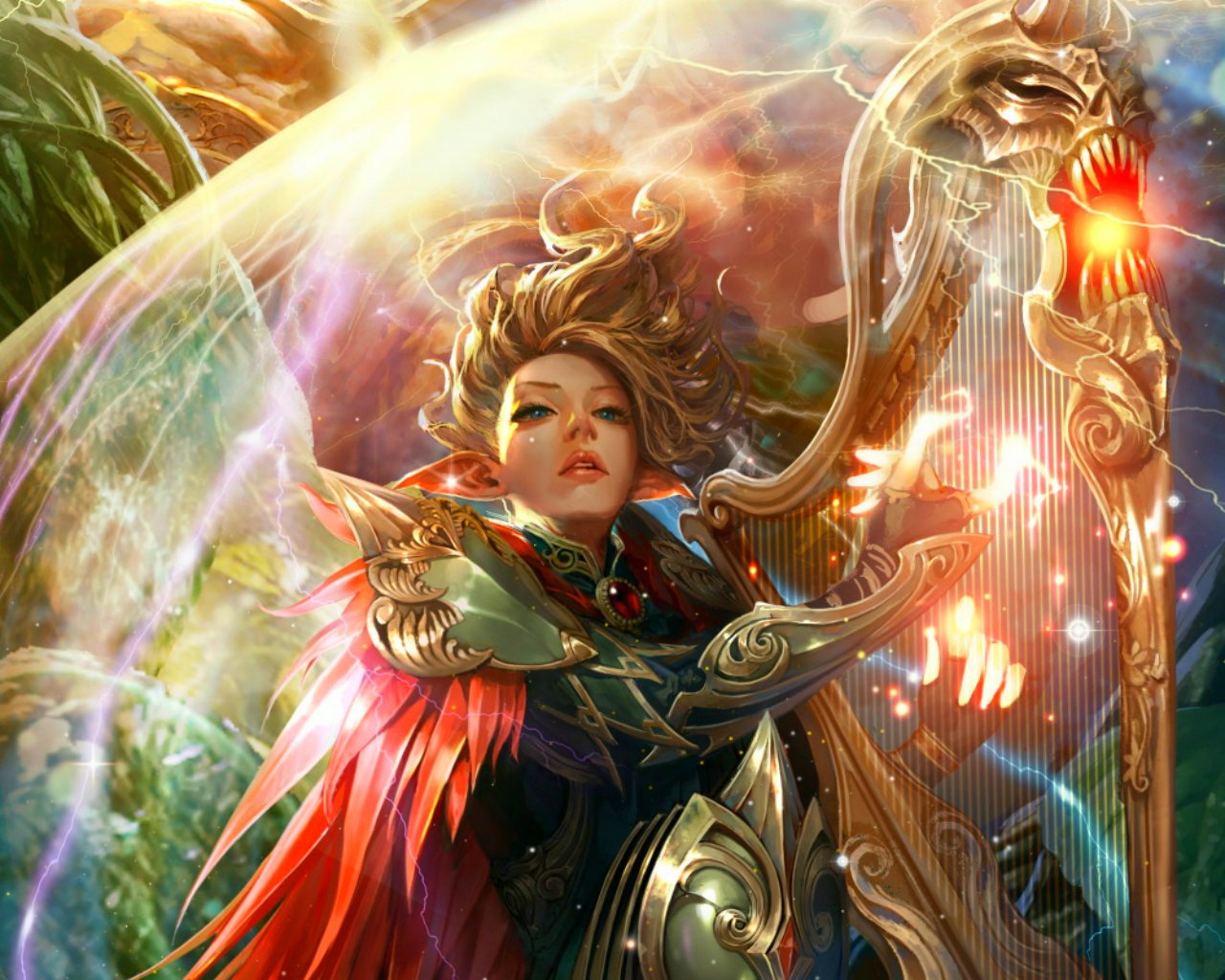 A fierce warrior from the video game Legend Of The Cryptids plays a glowing, ornate harp surrounded by magical light and energy.