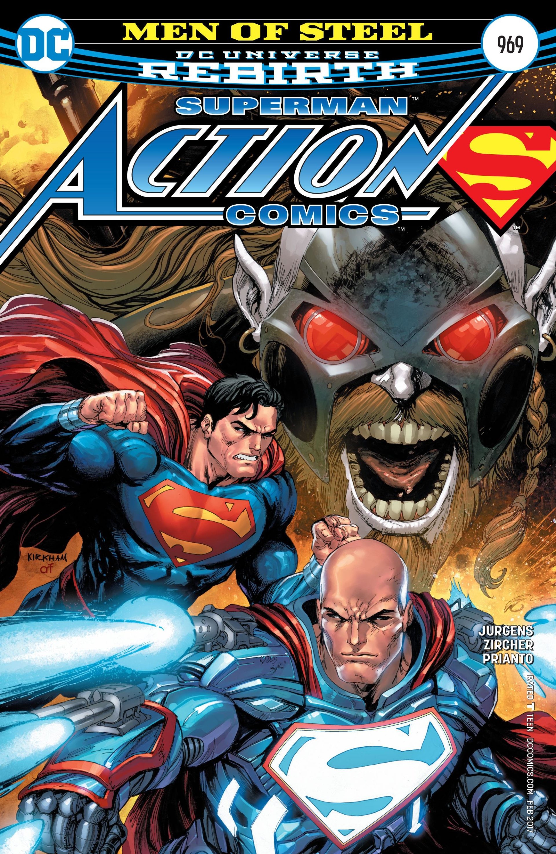 Cover of DC Comics' Action Comics featuring Superman and Lex Luthor, emphasizing their dynamic relationship amid a dramatic battle scene.