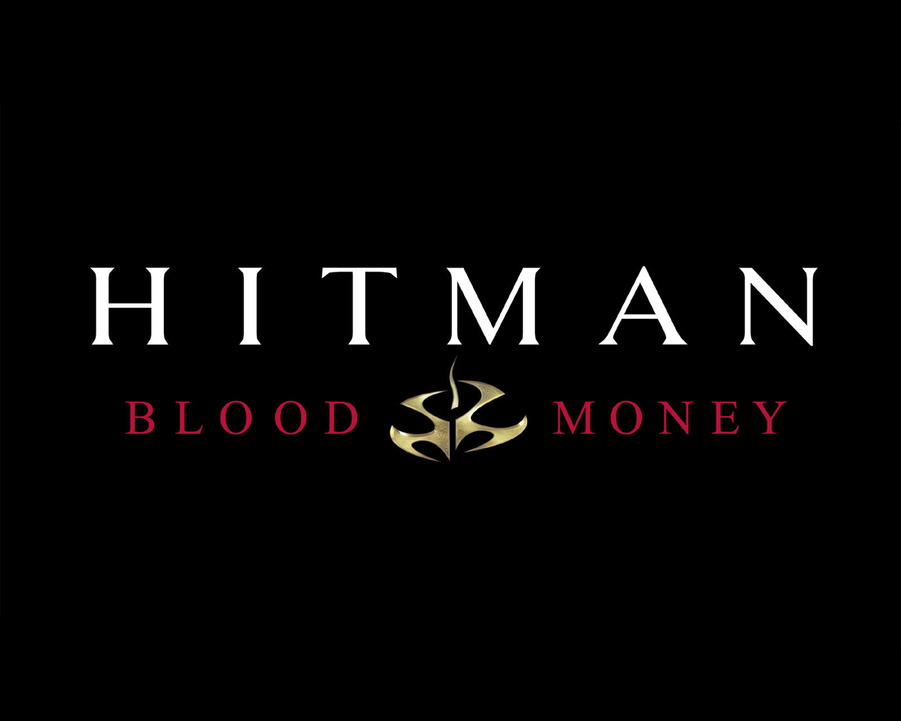Logo of the video game Hitman: Blood Money featuring the title in white and red text with a gold emblem on a black background.