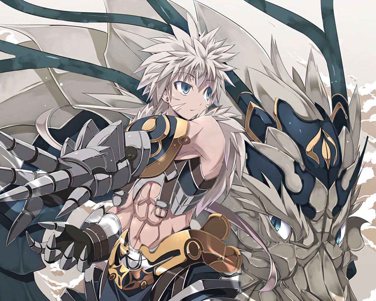 A fantasy warrior with spiked white hair and armored gauntlets stands ready beside a majestic, armored dragon.